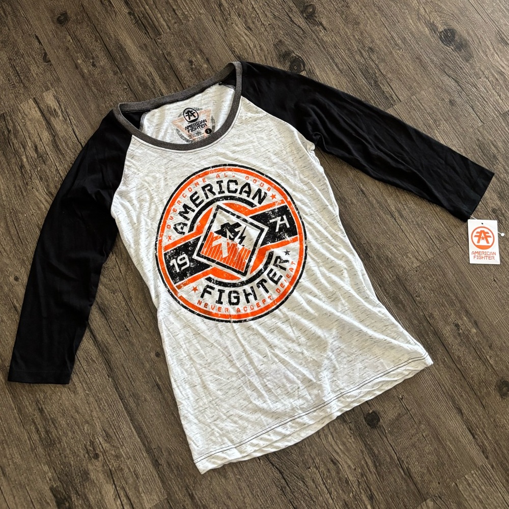 NWT American Fighter Women's Gray, Orange & Black 3/4 Sleeve Tee